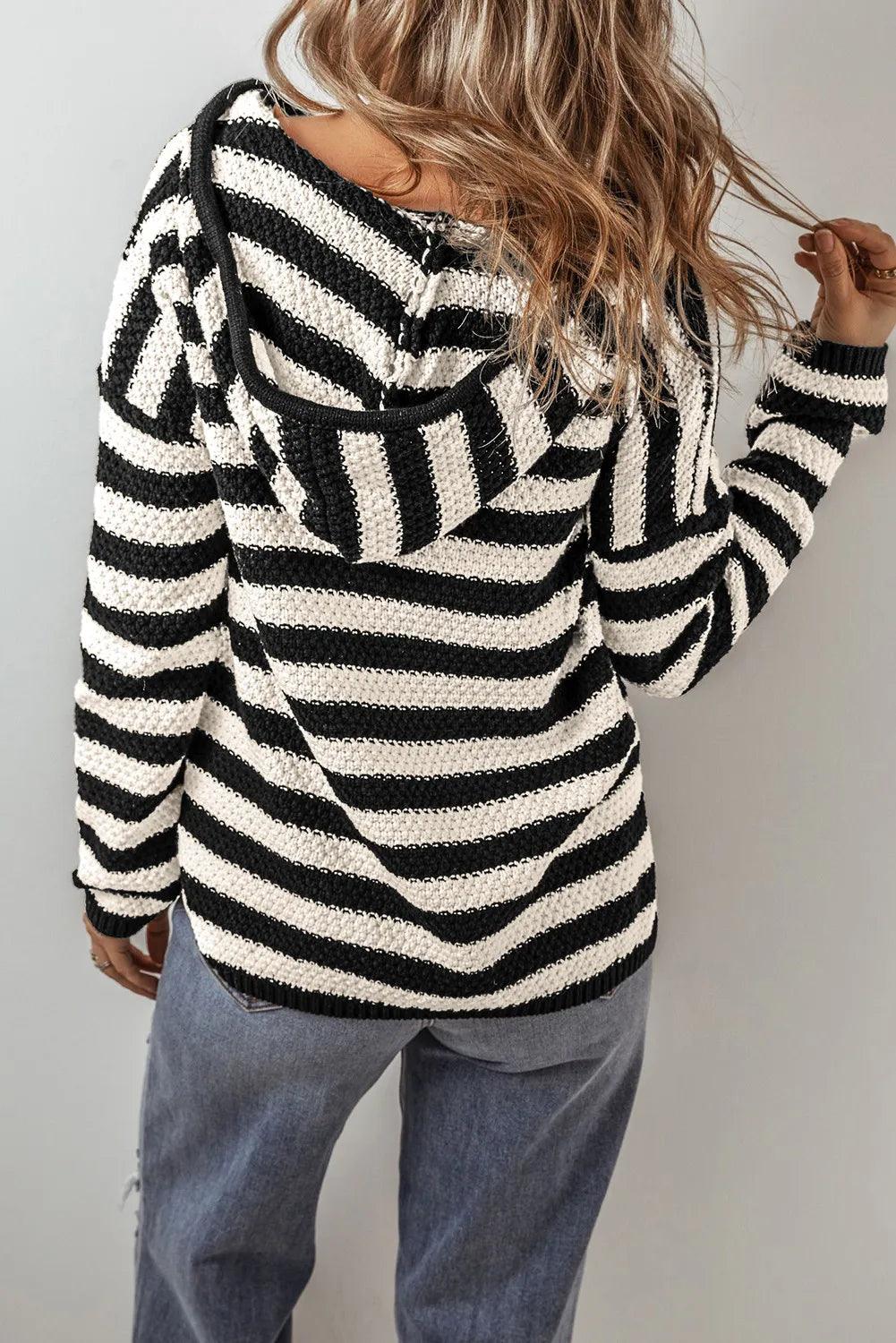 Striped Cotton Blend Knit Sweater Long Sleeve Hooded Knitwear c650cae1-0d08-4460-a4e8-98c88a36521c-Max Trendsi