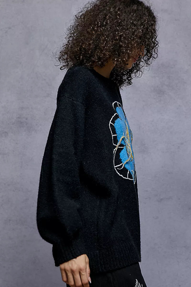 POL Black Sweater Floral Pattern Round Neck with Exposed Stitching Pullover c654780c-a779-4eef-8715-d7a243e06c3e-Max-Origin Trendsi