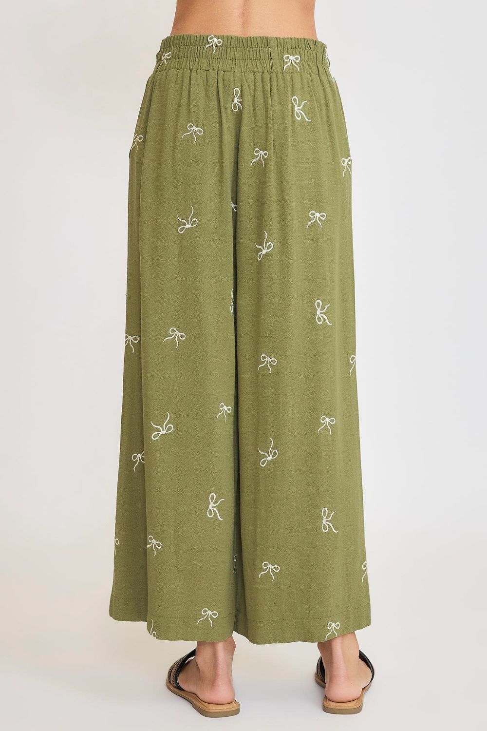 Umgee Linen Blend Pants Bow Embroidered Yellow Green Drawstring Wide Leg
