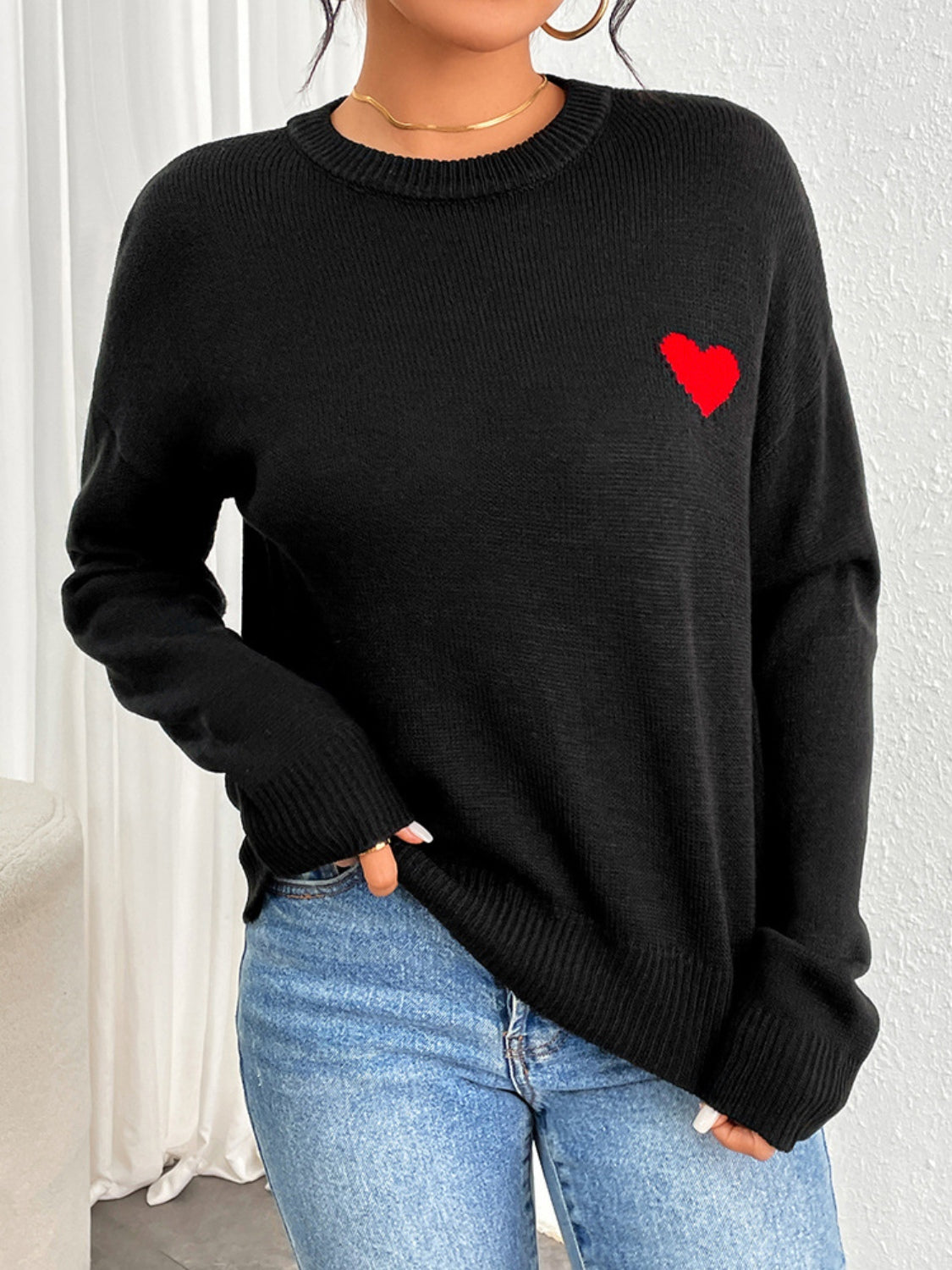 Women Black Sweater Heart Round Neck Long Sleeve Casual Basic Pullover