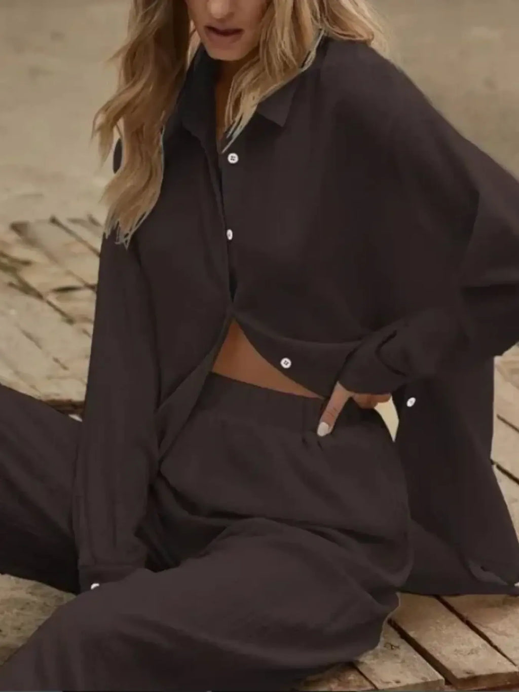 Women's Outfit Set Long Sleeve Shirt and Pants Set Pocketed Lightweight Two-piec Chocolate c667613105f3444d98ee24f4d1c16ebb-Max-Origin Trendsi