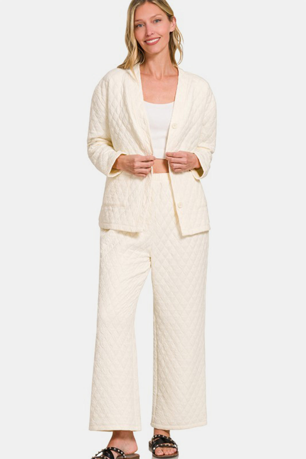 Zenana Quilted Lounge Set Cream V Neck Button Up Long Sleeve Top and Pants