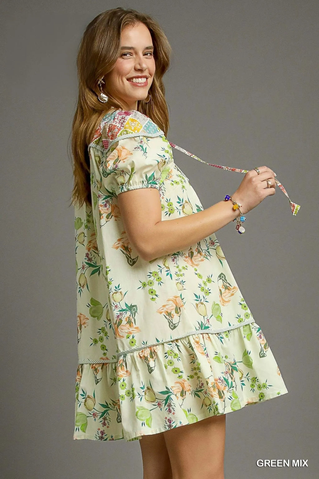 Umgee Short Dress Green Floral Print Ruffled Tie Neck Puff Sleeve Tiered c671c5e5-368c-43c9-aa06-ef414cb91acb-Max-Origin Trendsi