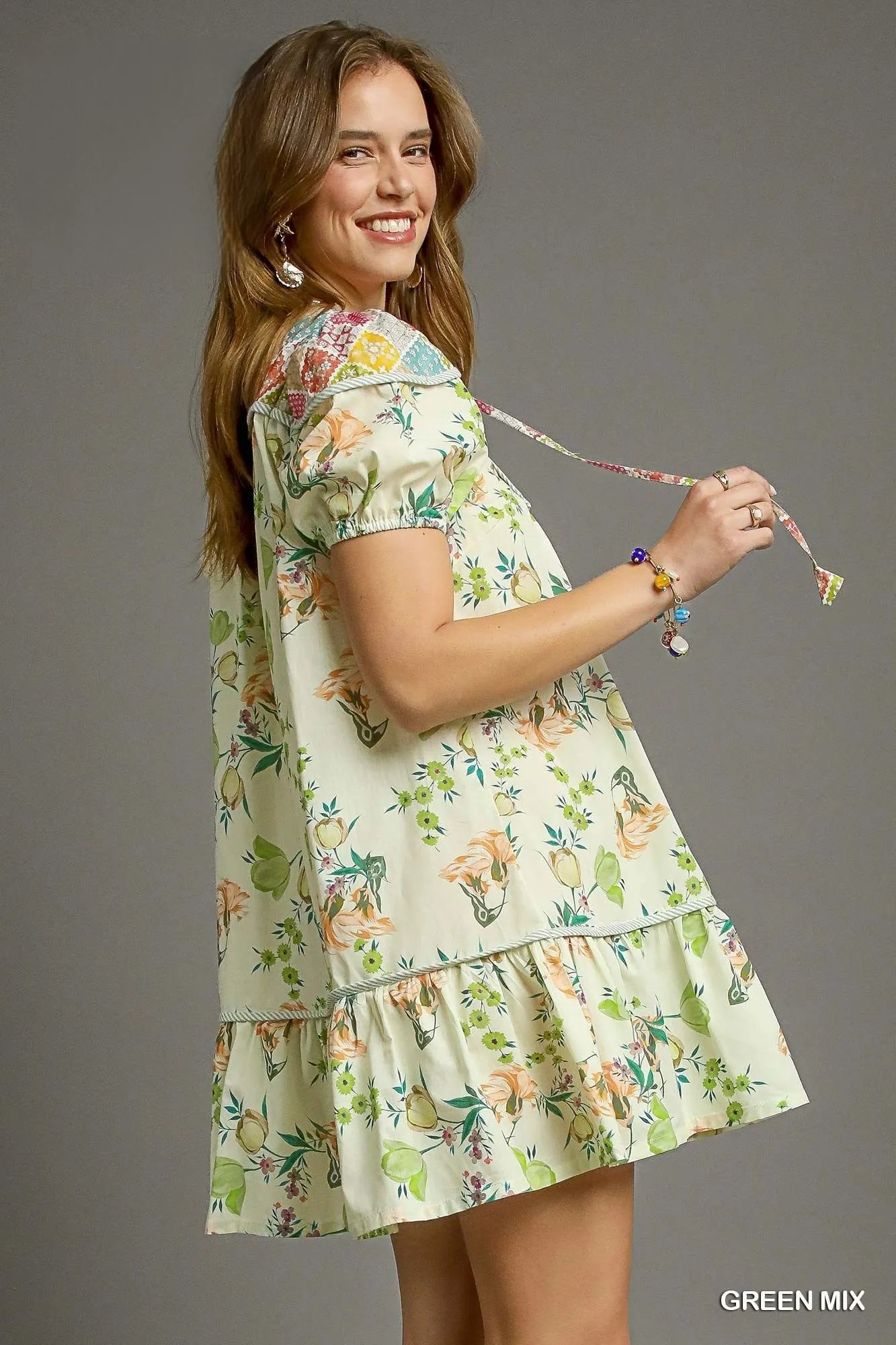 Umgee Short Dress Green Floral Print Ruffled Tie Neck Puff Sleeve Tiered c671c5e5-368c-43c9-aa06-ef414cb91acb-Max-Origin Trendsi