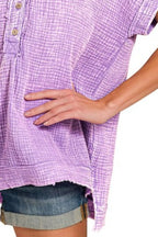 Zenana T-shirt Lavender Washed Double Gauze 3/4 Button Henley Neck Shirt c677872f-43e0-4fd0-9088-8c2ee42ea59c-Max-Origin Trendsi