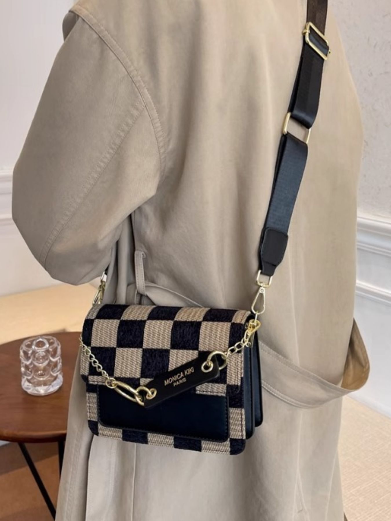 Checkered Pattern Mini Flap Crossbody Bag in PU Leather