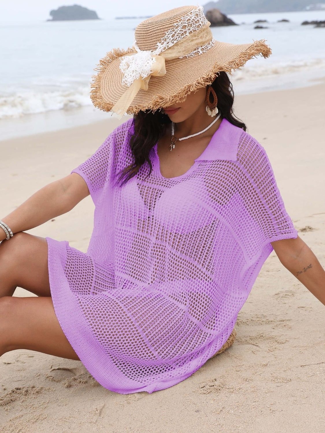 Cover-Up Dress Hollow Out Collared Neck Short Sleeve Sheer Openwork c67d8bda-cae9-485d-ac38-cf1beb2654bc-Max Trendsi