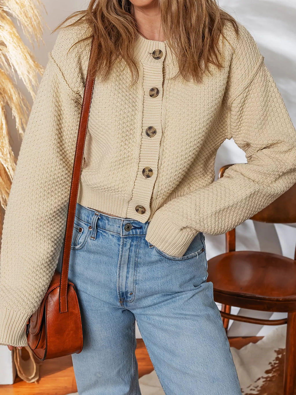 Womens Cardigan Beige Knit Button Front Cropped Long Sleeve c687a59f045d4f88a7666ca5110a6d7a-Max-Origin Trendsi