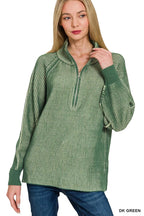 Zenana Womens Sweater Green Ribbed Two Tone Half Zip c692ab7b117a445985878a64725ea113-Max-Origin Trendsi