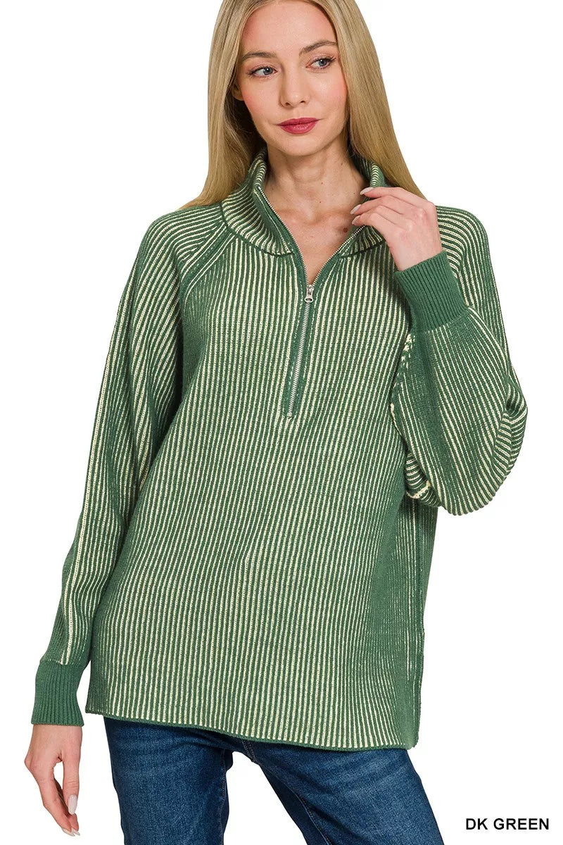 Zenana Womens Sweater Green Ribbed Two Tone Half Zip c692ab7b117a445985878a64725ea113-Max-Origin Trendsi