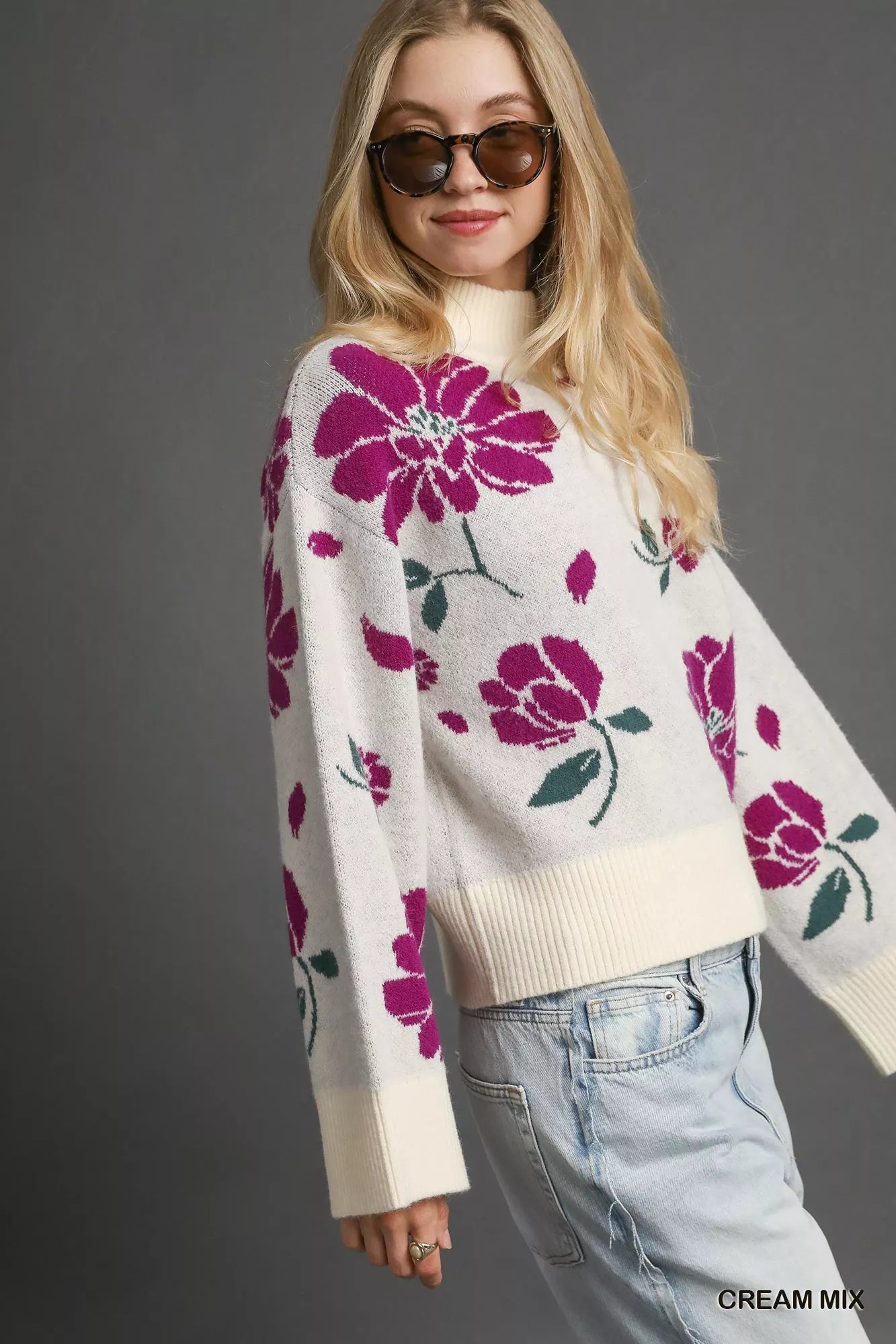 Umgee Sweater Womens Floral Cream Fucshia Patterned Mock Neck Pullover c694dab3-32cb-4828-a779-cdf600a24d9f-Max-Origin Trendsi