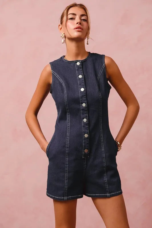 SO ME Denim Romper Button Up Front Dark Washed Sleeveless Jumpsuit DENIM c696f71844bd4d0bae5c51482fc6c1f3-Max-Origin Trendsi