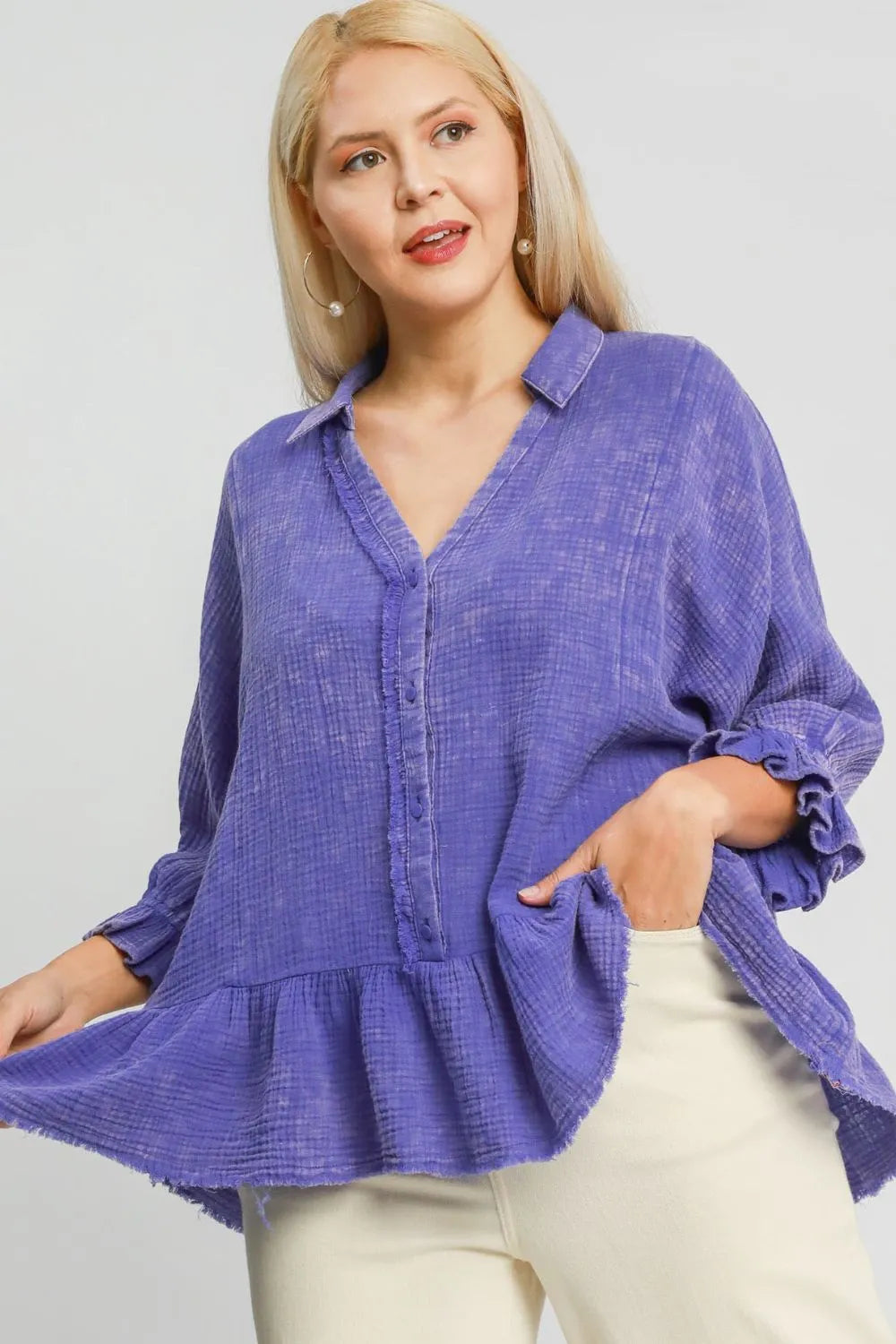 Umgee Blouse Plus Size Size Electric Purple Mineral Washed Cotton Gauze Top Electric Purple c6a21000-7170-42b5-b854-efaaadf21d88-Max Trendsi