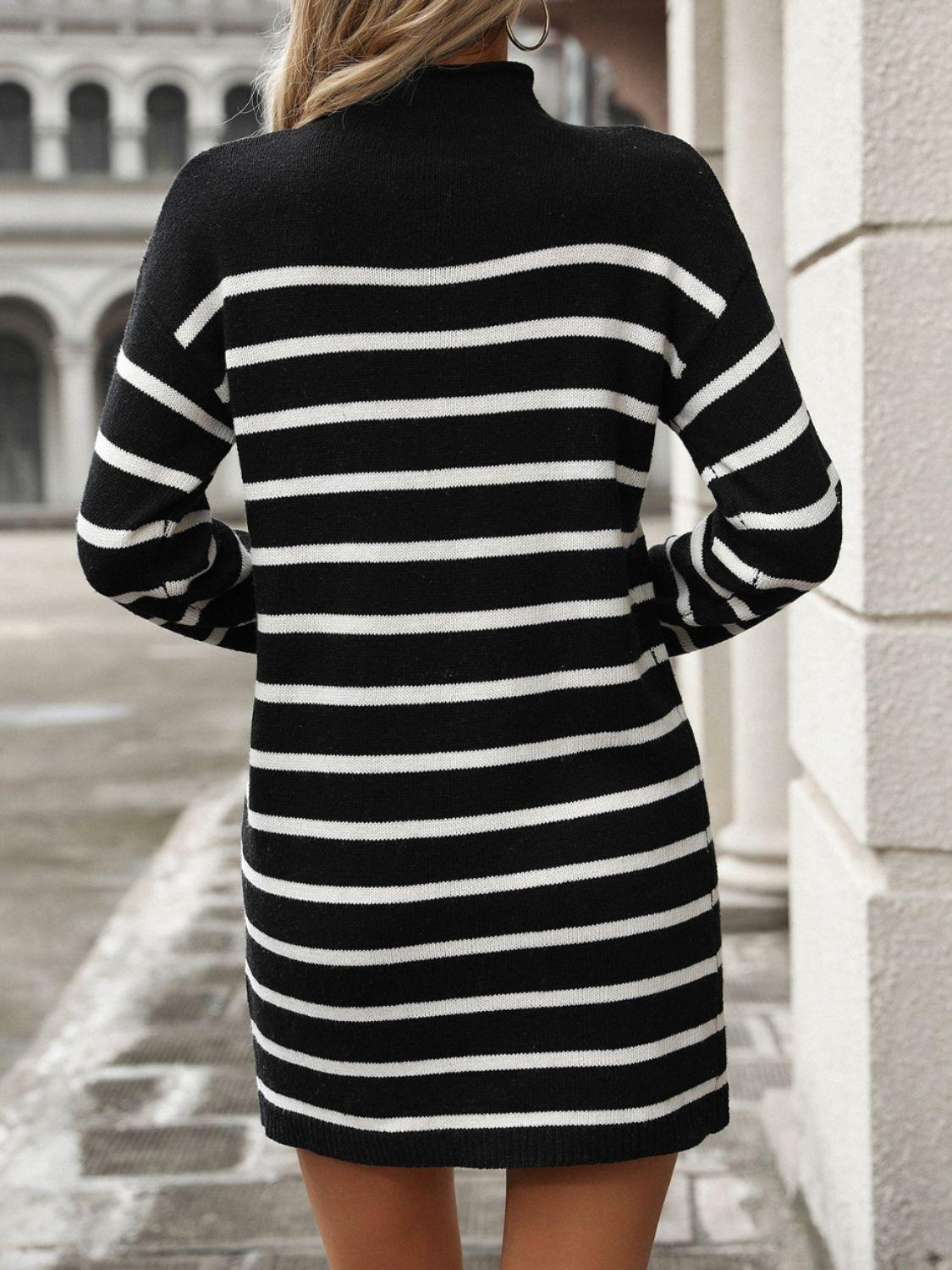 Striped Knit Mini Dress Mock Neck Long Sleeve c6b1778e-5253-47d6-8819-05b77629a0e2-Max Trendsi