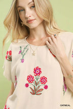 Umgee Womens Linen Blend Blouse Embroidered Frayed Hem Top Short Sleeve c6b8969c-328c-4a1b-b9b5-80f7fdc50cf5-Max-Origin Trendsi