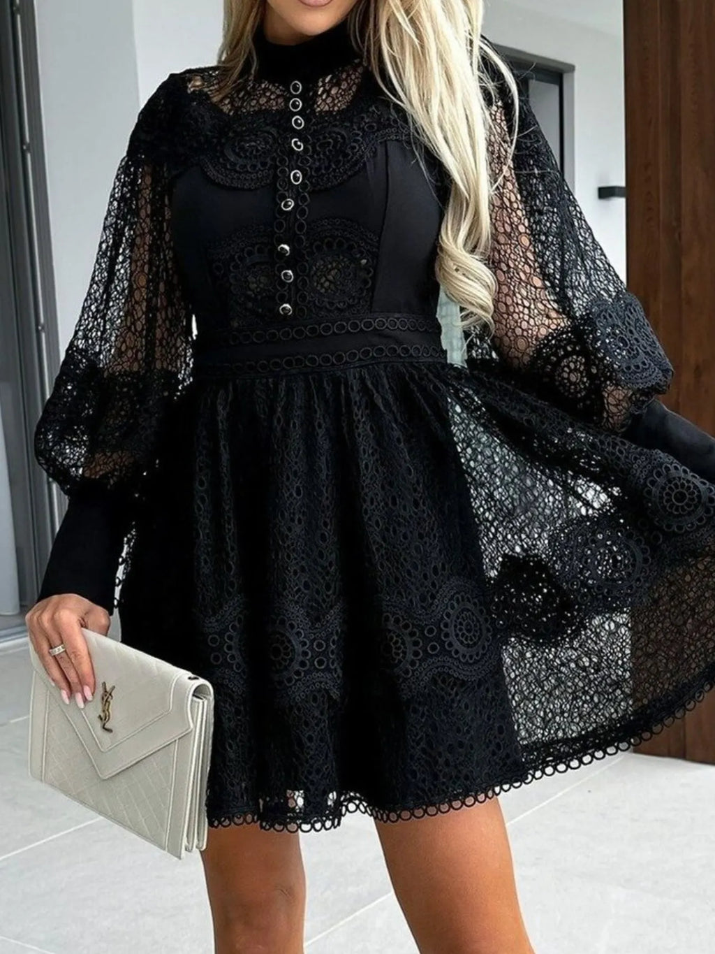 Mini Dress Floral Lace Lantern Long Sleeve Pearl Button High Neck Ruffled c6bd966e-8619-44ea-bf57-b29a20263b28-Max-Origin Trendsi