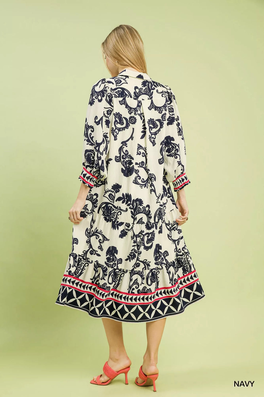 Umgee Midi Dress Navy Floral Boho Print Tiered Ruffle 3/4 Sleeves c6c62c89-0d74-4947-ba03-2e6b4a903f55-Max-Origin Trendsi