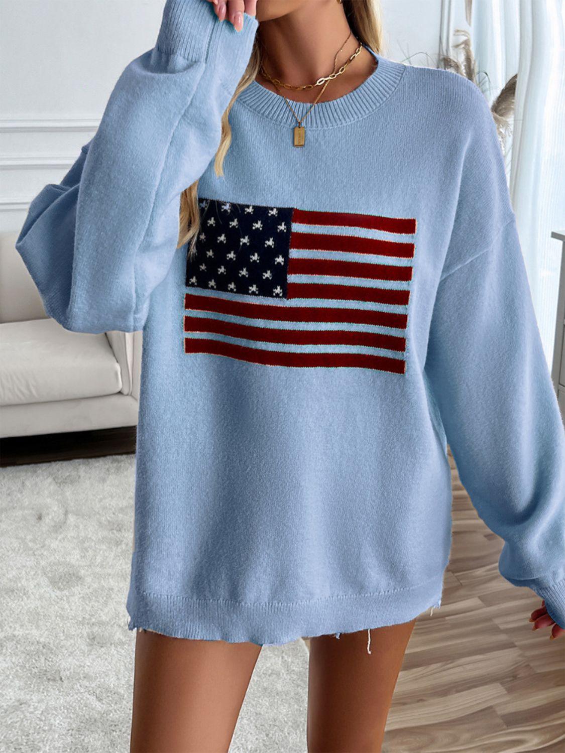 Knit Top US Flag Round Neck Long Sleeve Knitwear c6d1602a-6250-477c-becf-4c7fd29464cb-Max Trendsi