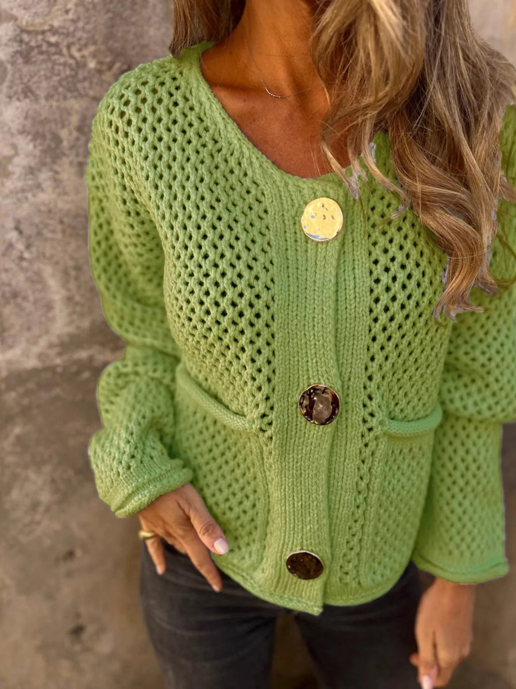Women's Cardigan Crochet Knit Button Up Long Sleeve Green c6e3b676a6aa4fb491fd79eedb1d04a5-Max-Origin Trendsi