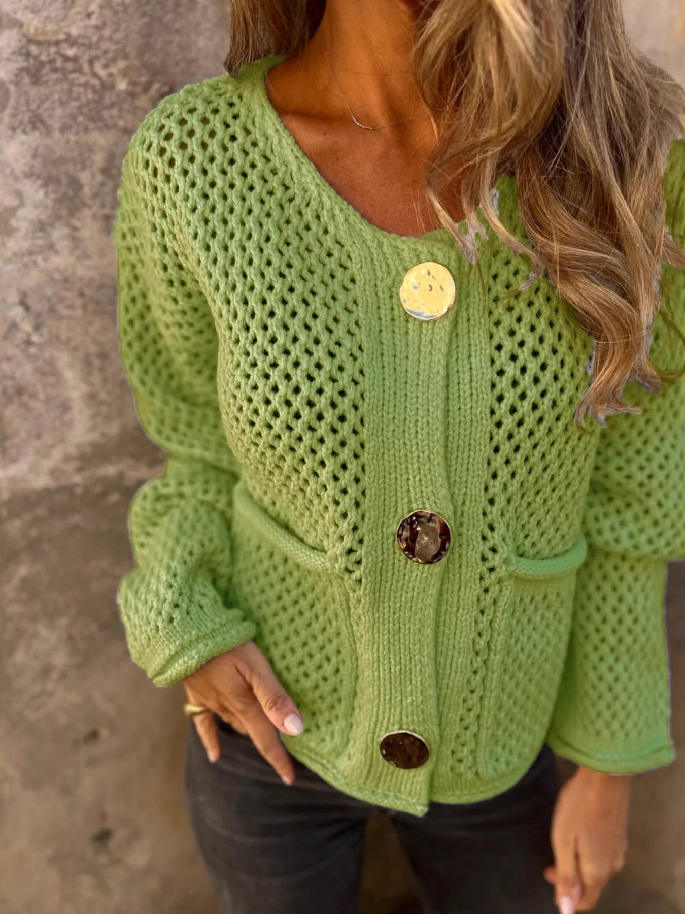 Women's Cardigan Crochet Knit Button Up Long Sleeve Green c6e3b676a6aa4fb491fd79eedb1d04a5-Max-Origin Trendsi