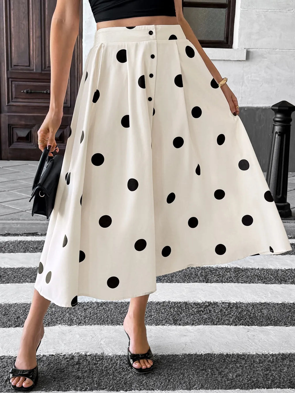 Midi Skirt Polka Dot Cream Button Front Ruffled High Waisted c6e8746a-97e2-45fd-b45a-65f7fcc4f77c-Max-Origin Trendsi