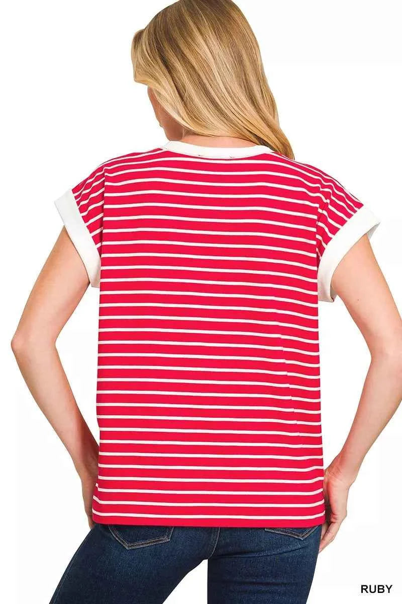 Zenana Women T-shirt Ruby Red Contrast Stripe Trim Cap Sleeve Tee Plus Sizes c6eb5cce131349cab1a8ab8b960f6446-Max-Origin Trendsi