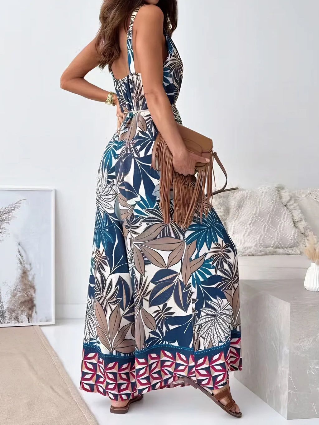 Floral Jumpsuit V-Neck Wide Leg Strappy Blue Mix Printed One Piece c6f05ce8-4d50-4c22-8b50-af1c8d0957bf-Max-Origin Trendsi