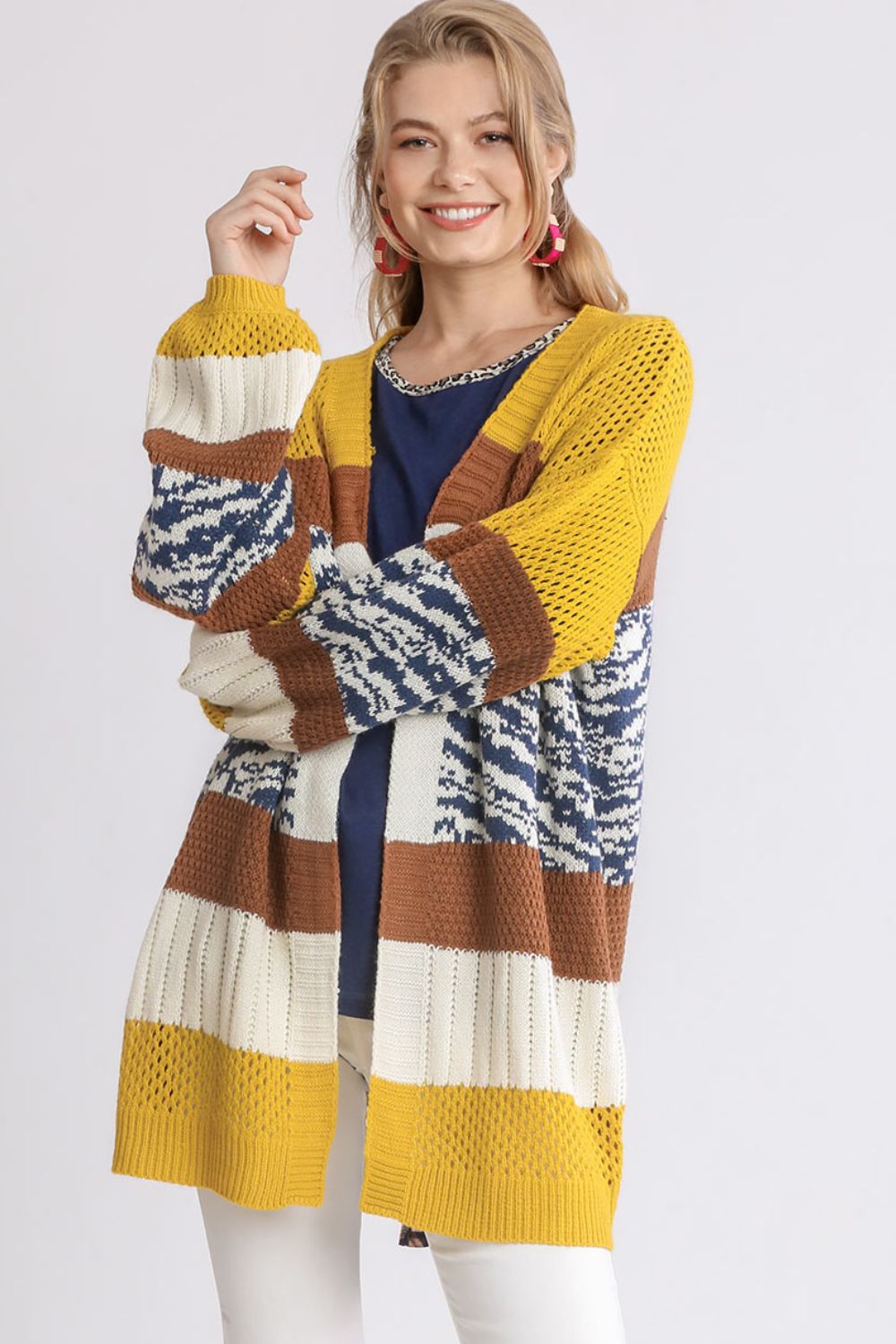 Umgee Cardigan Gold Brown Color Block Open Front Longline Knitwear GOLD BROWN c6fa138b-f50d-4609-86f4-feccc4db38ff-Max Trendsi