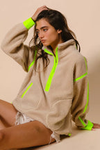 BiBi Womens Sherpa Jacket Neon Green Contrast Edge Half Zip Up Outwear c7027f41902d4788a85430b46192e951-Max-Origin Trendsi