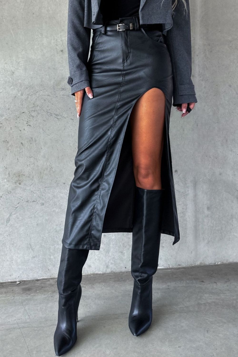 Midi Skirt Women Faux Leather Front Big Slit with Pockets