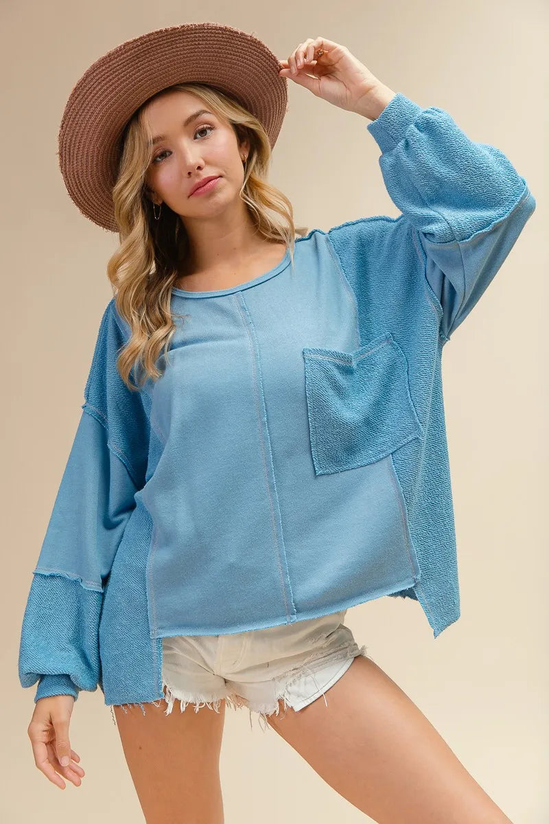 BiBi Women's Sweatshirt Oversized Pocket Front Blue Long Sleeve Top c70deb671aad45e1a47ce8a67bda8cf3-Max-Origin Trendsi