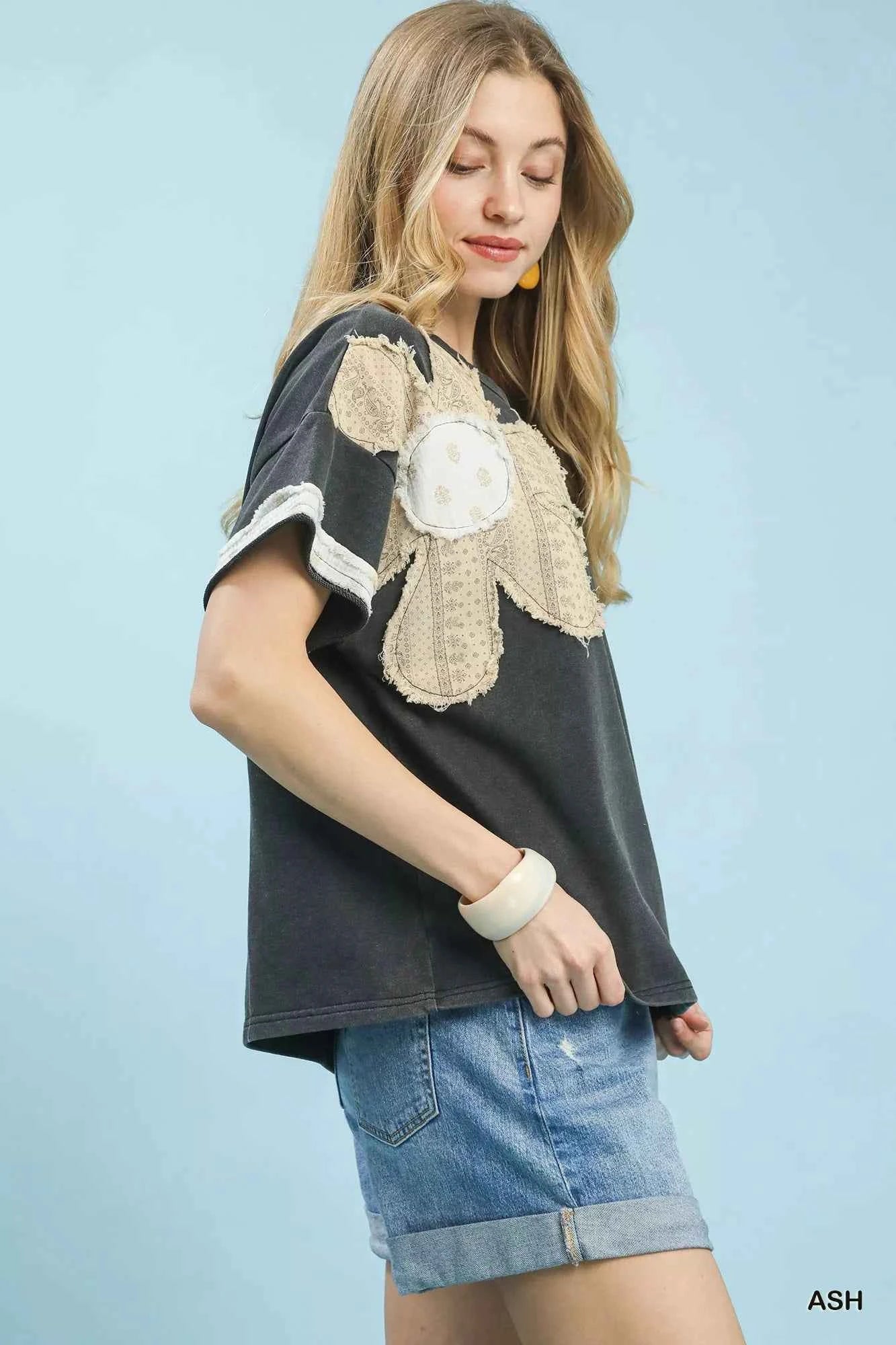 Umgee Blouse French Terry Top with Flower Patch Short Sleeve Ash Gray c70deff8-fac9-46a3-9f0d-6b79901f669a-Max-Origin Trendsi