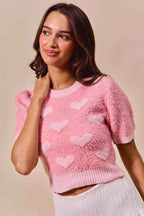 SO ME Valentine Cropped Sweater Pink All Over Heart Short Sleeve c71506a7666845eba31ee1786389c2cf-Max-Origin Trendsi
