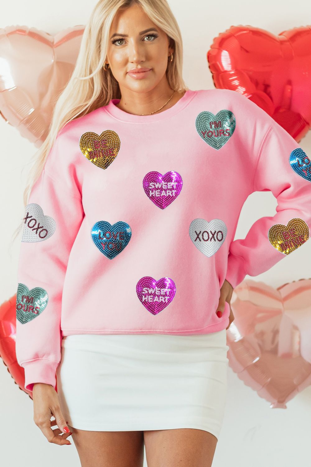 Valentine’s Day Sweatshirt Pink Sequin Heart Round Neck Long Sleeve Top