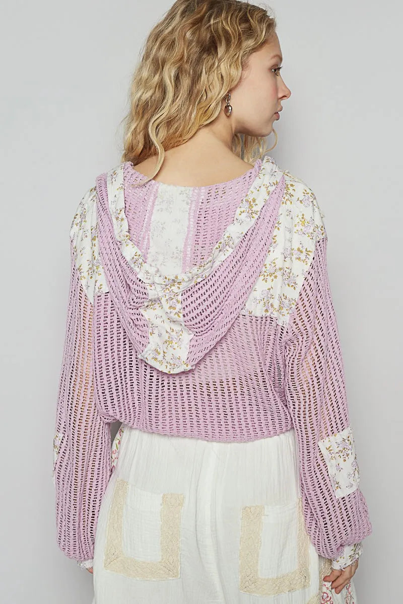 POL Jacket Washed Lace Lavender Floral Crochet Hooded Cable-Knit With Patchwork