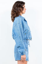 Crop Denim Jacket American Bazi Drawstring Waist Zipper Outwear c7194c5a-a3f3-4d3d-9740-5017ac0ff694-Max Trendsi