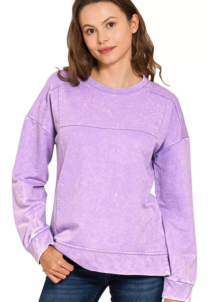 Zenana Acid Wash French Terry Exposed-Seam Pullover