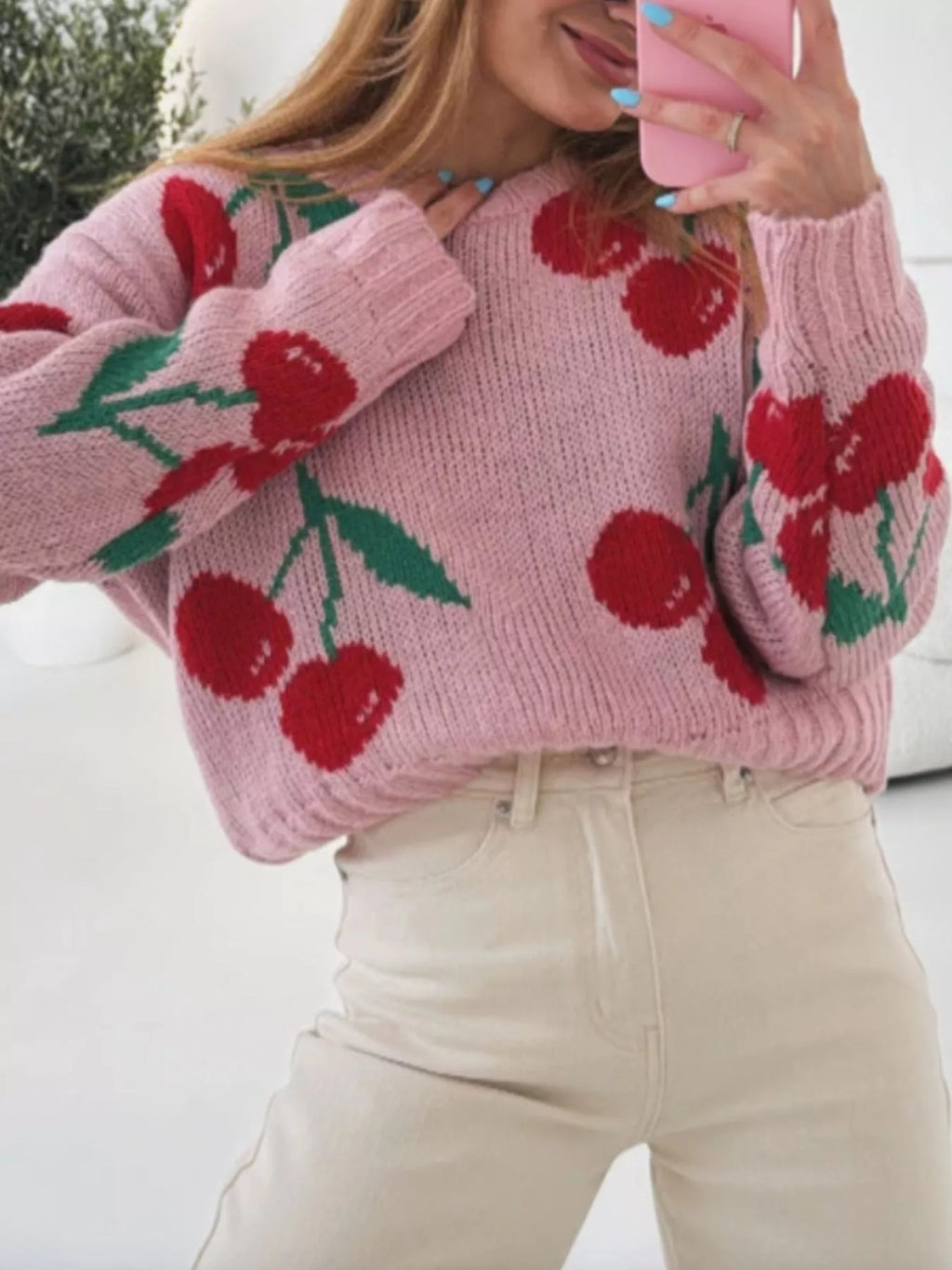 Women's Sweater Dusty Pink Cherry Pattern Knit Long Sleeve Pullover c741c65d-caac-4fc5-9a1d-977297ddae20-Max-Origin Trendsi