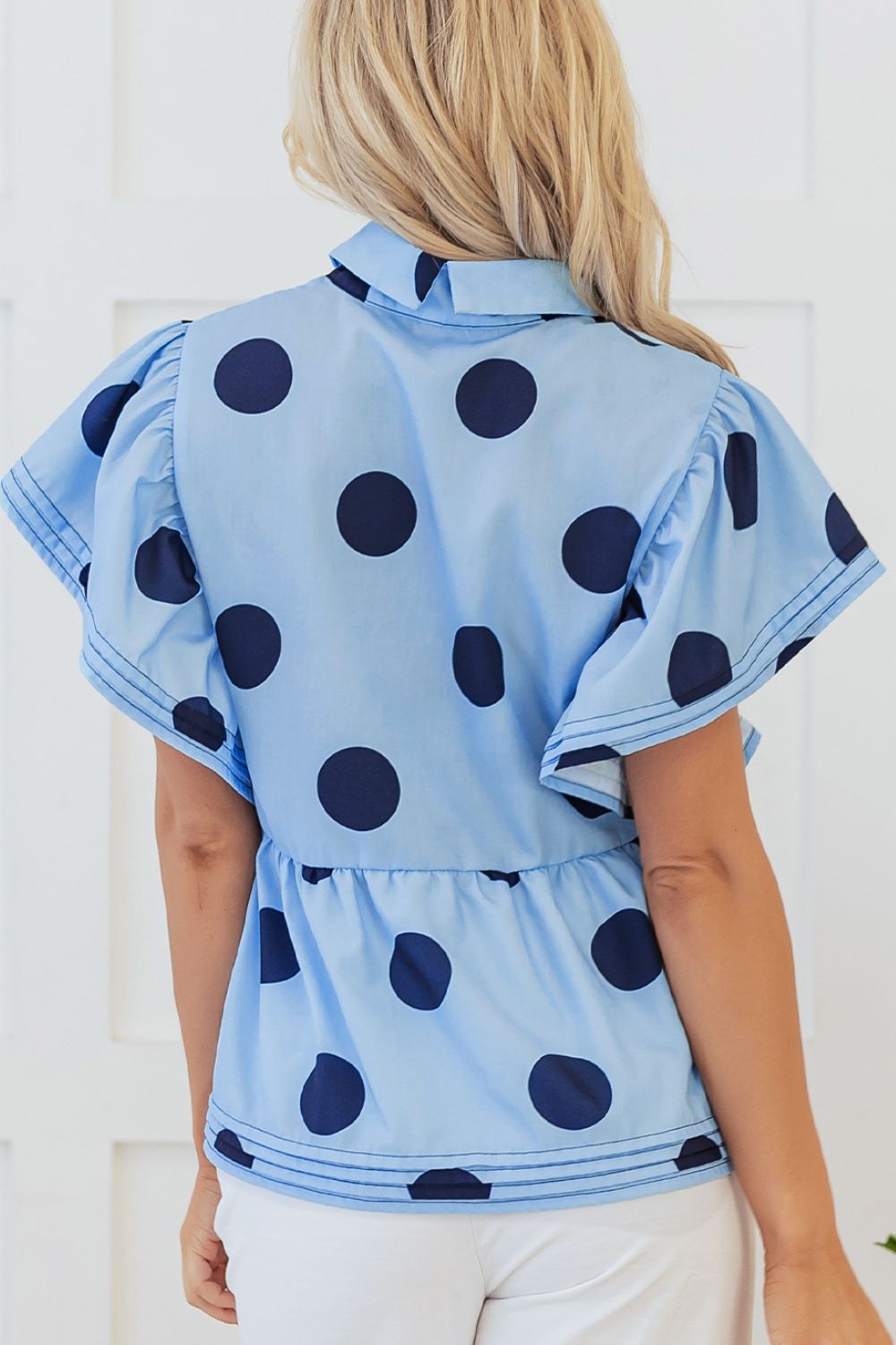 Polka Dot Blouse Ruffled Short Sleeve Shirt Light Blue Shirt Top c75ac055-750c-4882-8a70-1351c53dd151-Max Trendsi