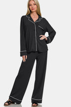 Zenana Lounge Set Black Collared Shirt Long Sleeve Top and Pants Sleepwear c7637987-4746-4742-9e08-bbbbb001a48b-Max Trendsi