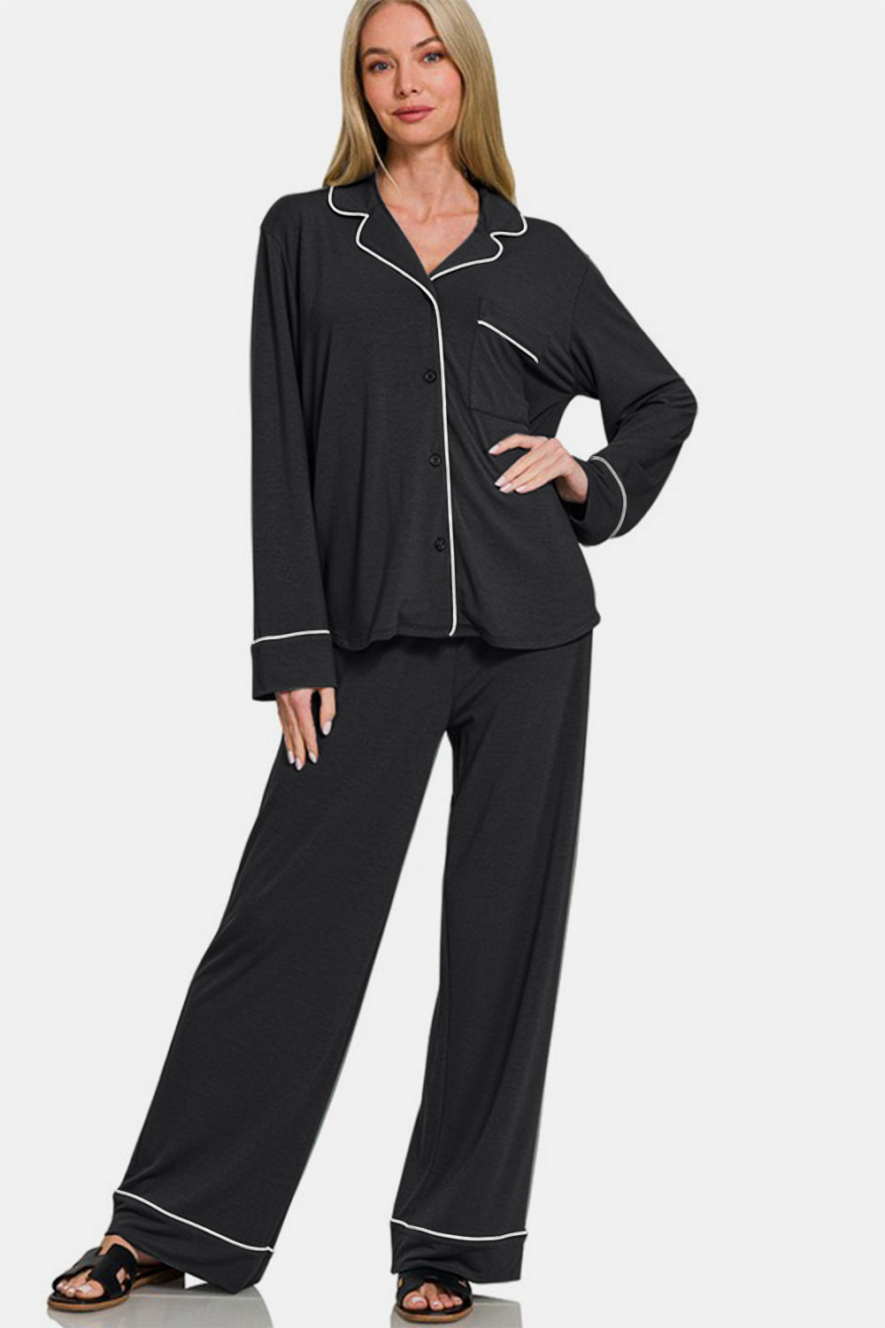 Zenana Lounge Set Black Collared Shirt Long Sleeve Top and Pants Sleepwear