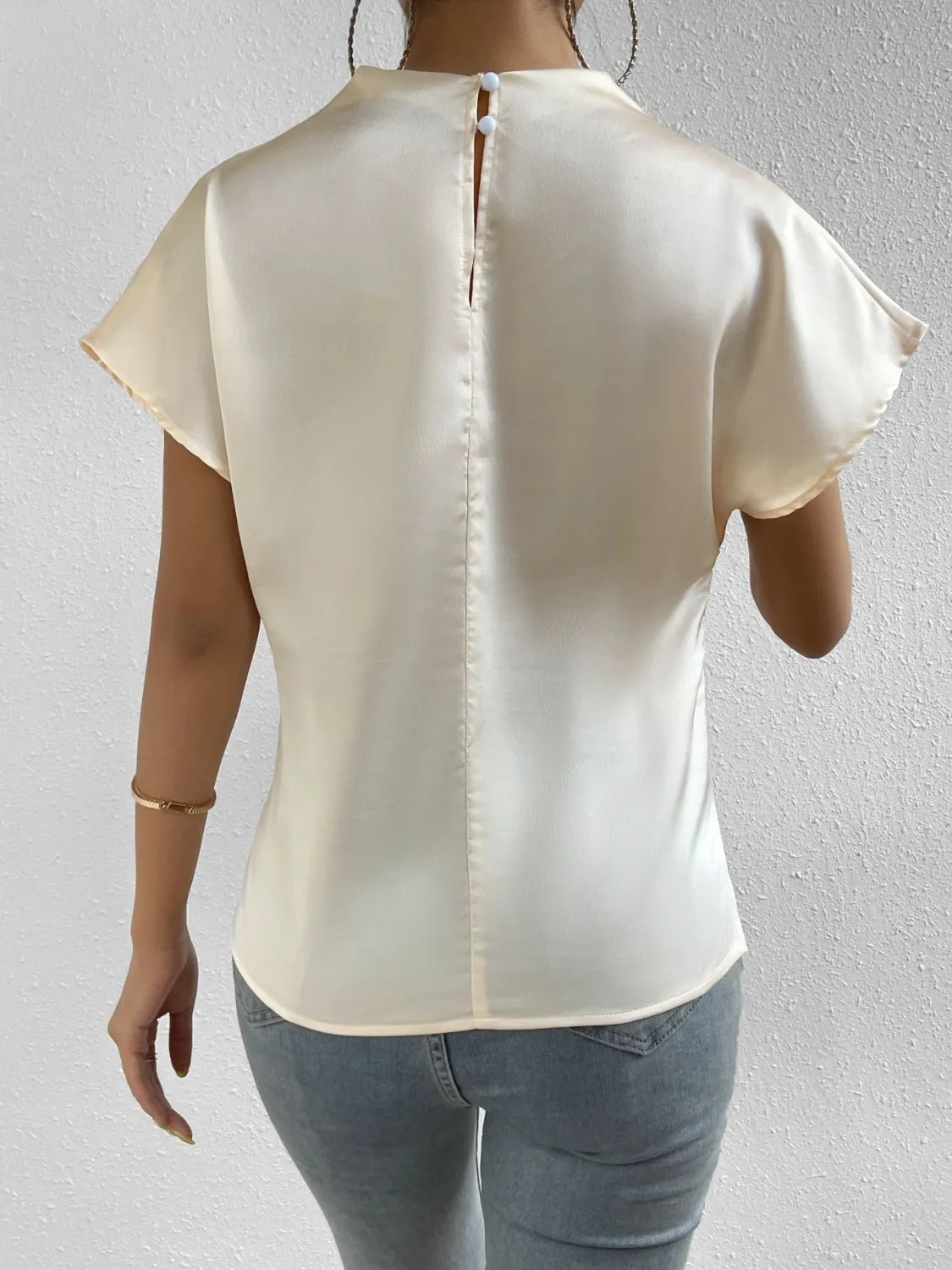 Satin Blouse Mock Neck Pleated Short Sleeve Basic Style Top c76f0406-6243-463d-ab86-33b3e210293b-Max-Origin Trendsi