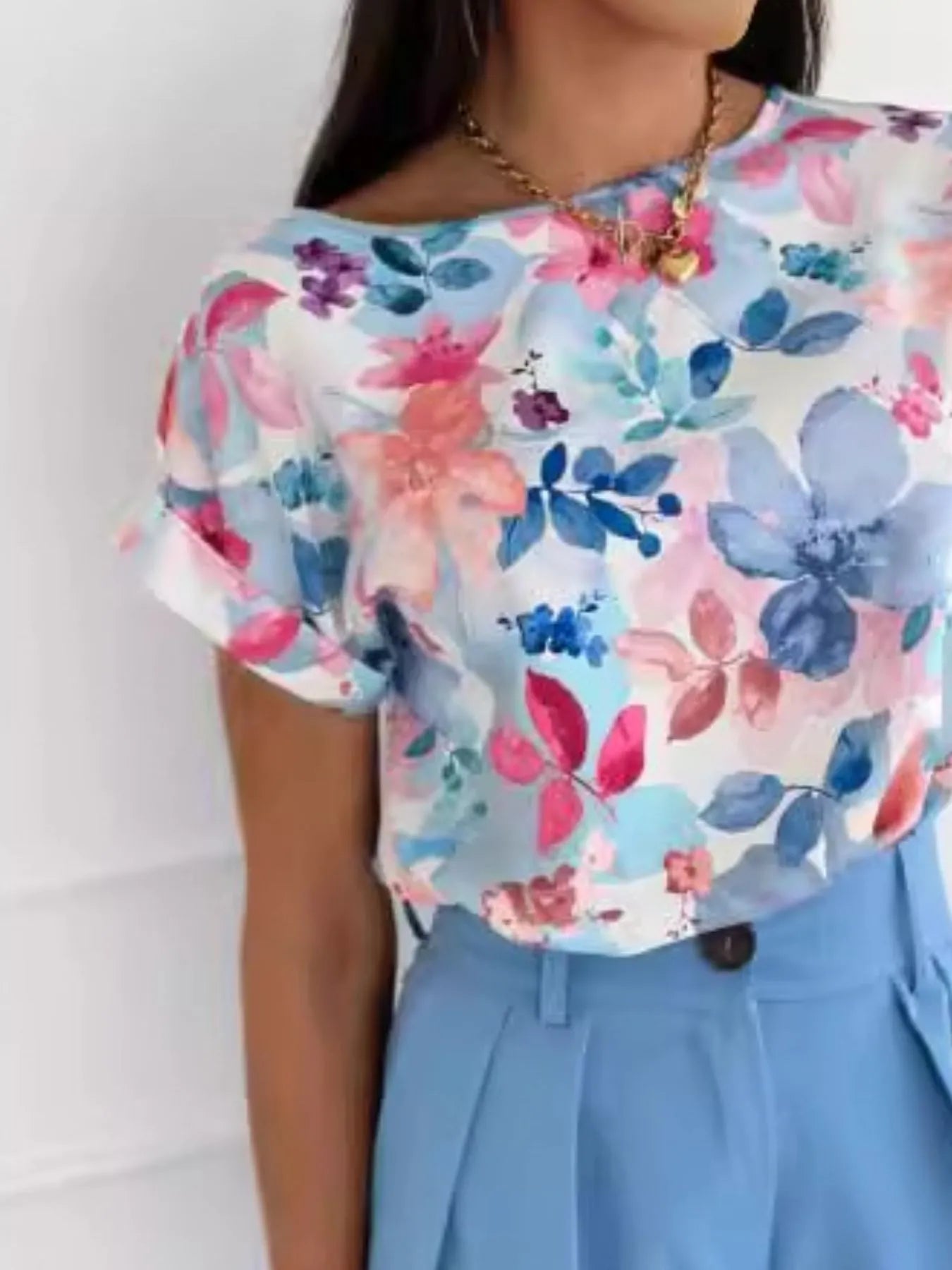 Women's T-Shirt Classic Rolled Tab Sleeve Floral Solid Tops c77d5dff-b3a2-492d-9dd3-d7963376559c-Max-Origin Trendsi