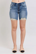 Judy Blue Denim Shorts Women's Button Fly Mid Length with Destroy Hem c77e46da48324255a3b159896a5fefe1-Max-Origin Trendsi