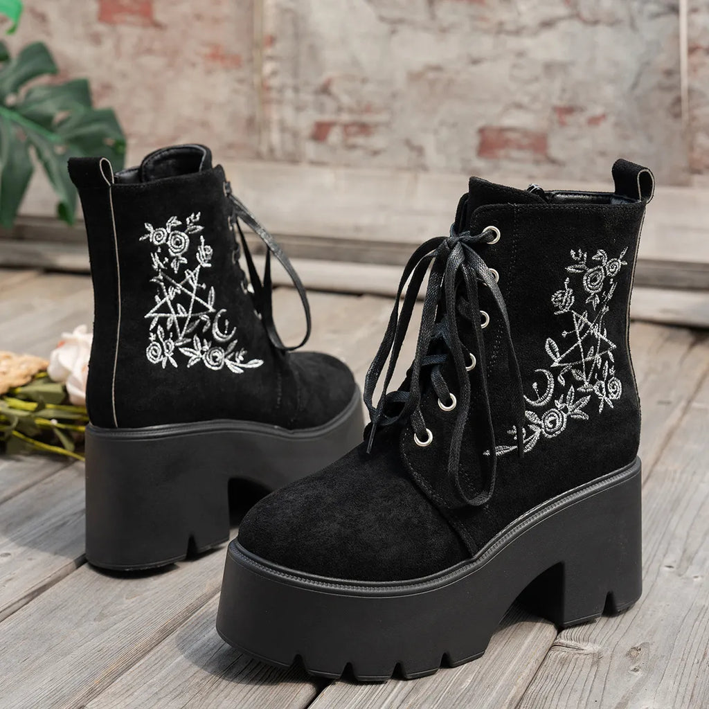 Women's Boots Platform Combat Floral Embroidered Suede Mid Heels Shoes c78d6a2e4f124713b5ee3932e9758ccc-Max-Origin Trendsi