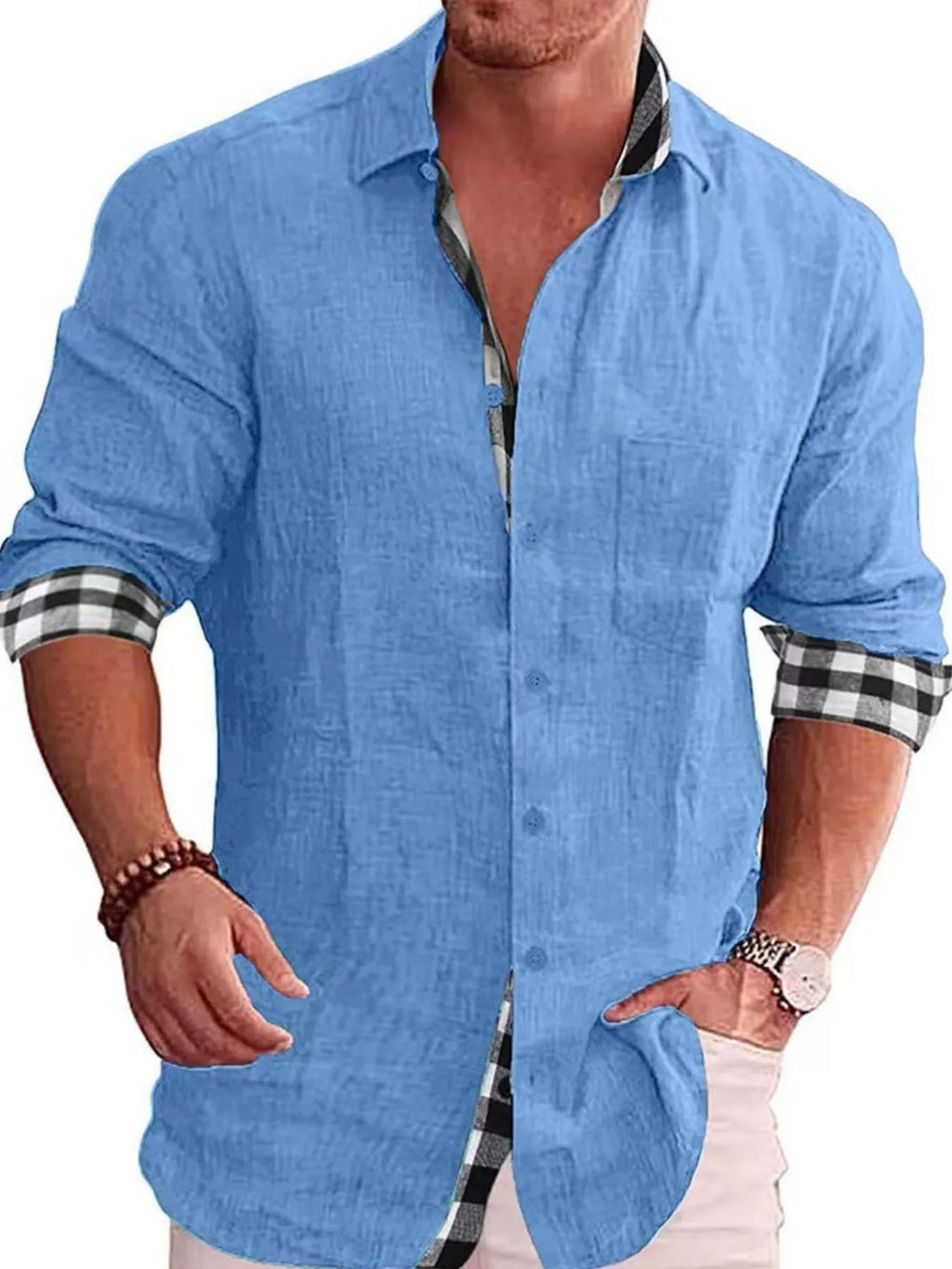 Men's Shirts Casual Cotton Blend Plaid-Trim Long Sleeve Lightweight Tops Blue c79503bc-7b48-431a-ade2-76e18aeb5a7f-Max-Origin Trendsi