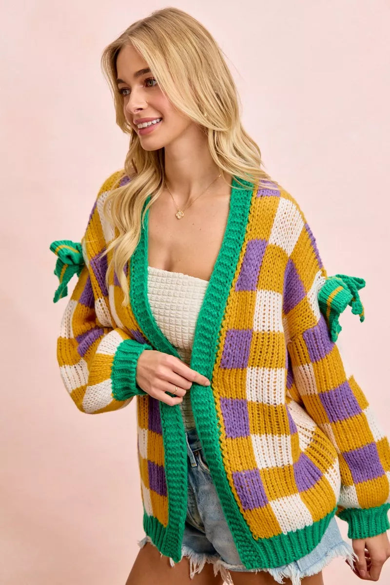 BiBi Women Cardigan Mardigras Checker Board Front Open Bow Sleeves c796380186284bb3a68227277d7777ee-Max-Origin Trendsi
