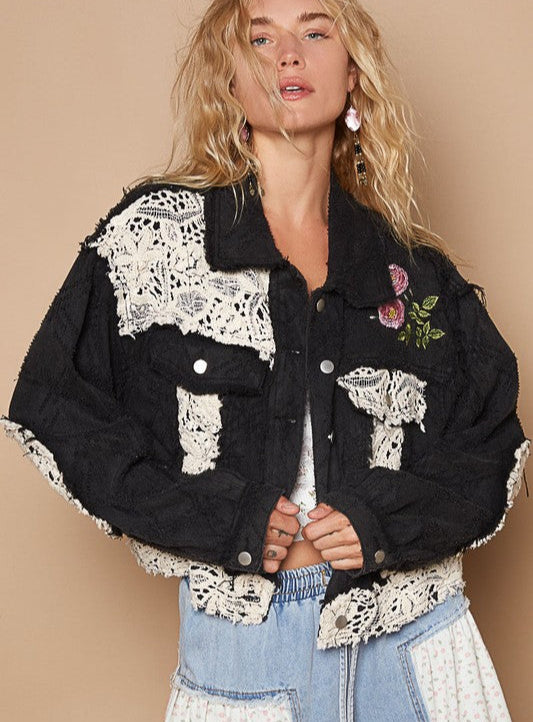 POL Women Jacket Crochet Patch Embroidered Black Long Sleeve Embroidered