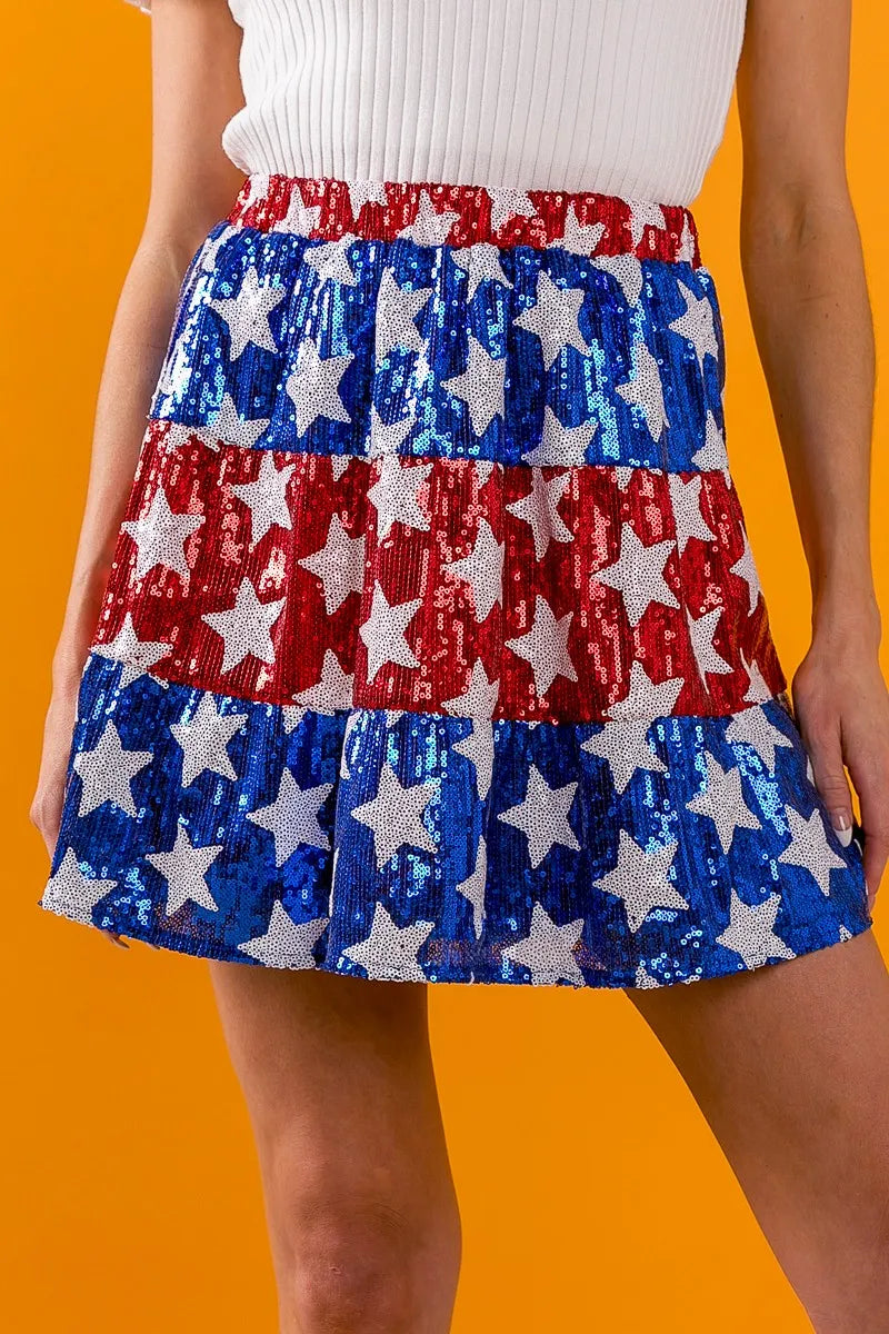 BiBi Sequin Skirt American Flag Theme Star Tiered Short Layered c79e9d084ed14dba98dedc31e89a883c-Max-Origin Trendsi