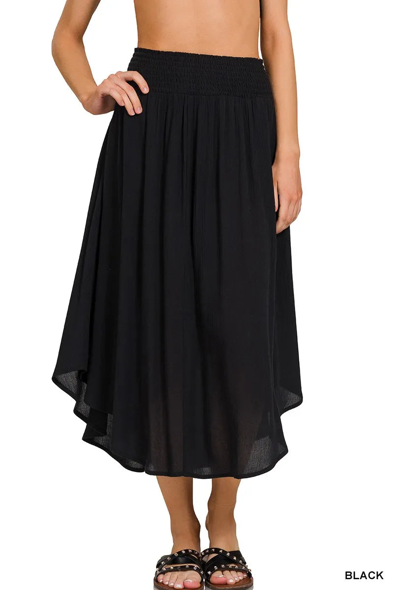 Zenana Midi Skirt Black High-Low Woven Crinkle Smocked Waist With Pockets c79f59cf87c94507a0d99c62d1a7c865-Max-Origin Trendsi